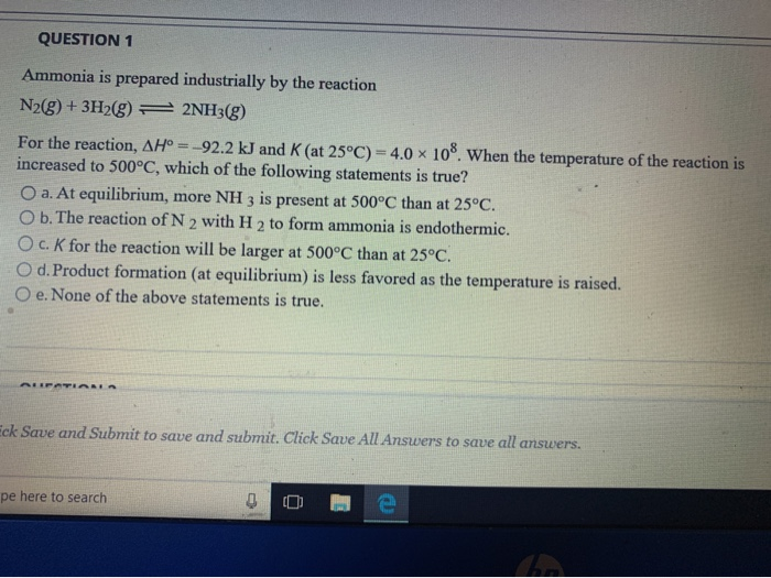 Solved QUESTION 1 Ammonia is prepared industrially by the | Chegg.com