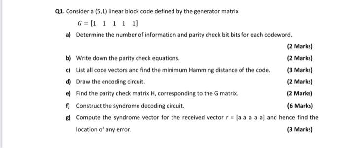 Solved Q1. Consider a (5,1) linear block code defined by the | Chegg.com