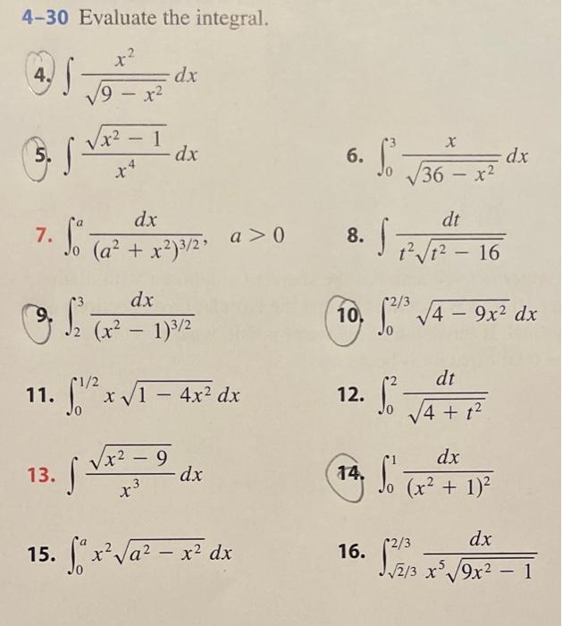 Solved 4 30 Evaluate The Integral 4 ∫9−x2x2dx 5 ∫x4x2−1dx 9963