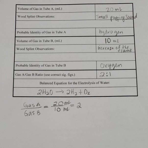 Solved Volume Of Gas In Tube A, (mL) 20mL Wood Splint | Chegg.com
