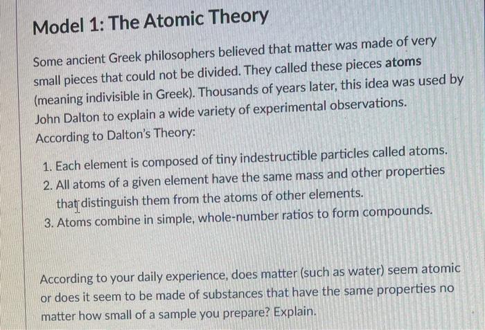 Solved Model 1: The Atomic Theory Some ancient Greek | Chegg.com