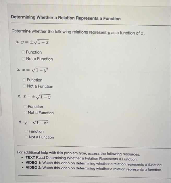 Solved Determine Whether The Following Relations Represent Y | Chegg.com