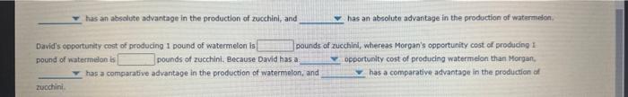 has an absalute advantage in the nroduction of zucchini, and
has an absolute advantage in the production of watermeton.
David