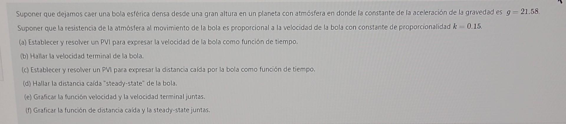 Suponer que dejamos caer una bola esférica densa desde una gran altura en un planeta con atmósfera en donde la constante de l