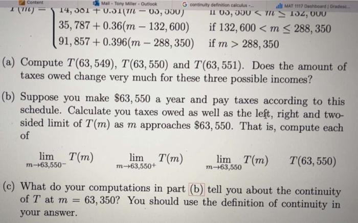 (a) Compute \( T(63,549), T(63,550) \) and \( T(63,551) \). Does the amount of taxes owed change very much for these three po