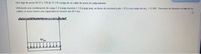 Una viga de acero W \( 27 \times 178 \) de 17.3 ft cuelga de un cable de acero en cada extremo Utilizando una combinación de