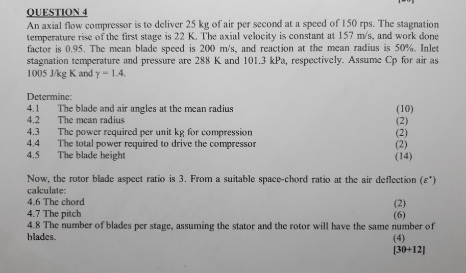 Solved QUESTION 4 An axial flow compressor is to deliver 25 | Chegg.com