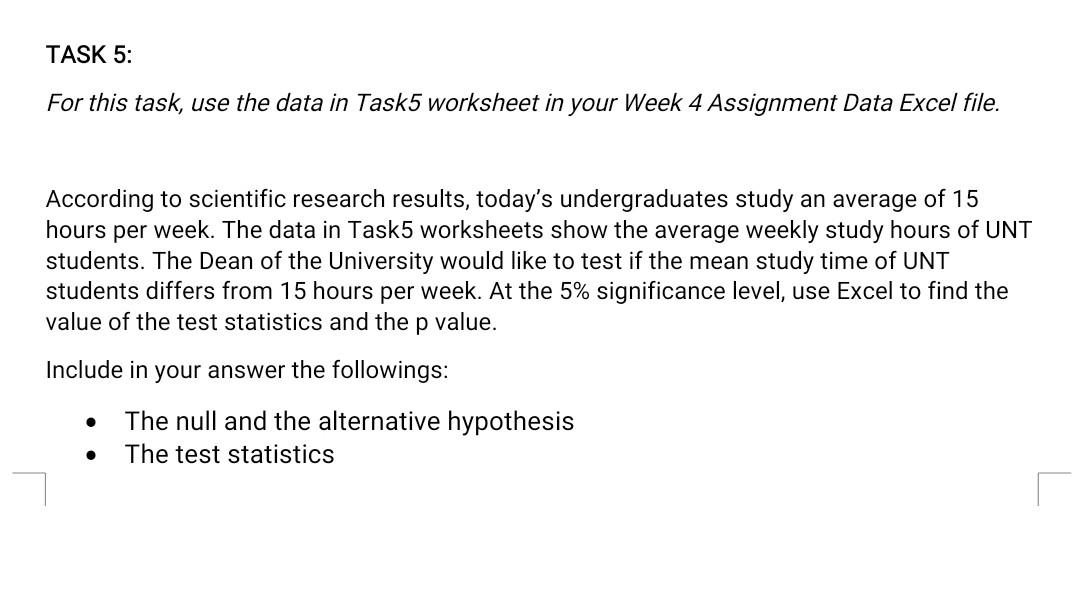 Solved TASK 5: For this task, use the data in Task5 | Chegg.com