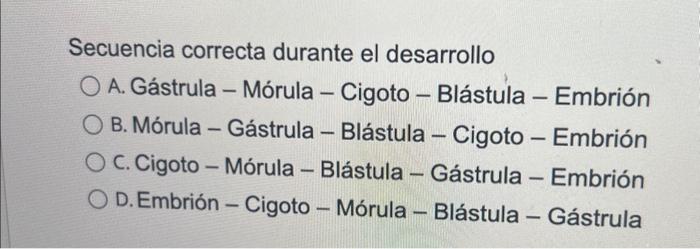 Secuencia correcta durante el desarrollo A. Gástrula - Mórula - Cigoto - Blástula - Embrión B. Mórula - Gástrula - Blástula -