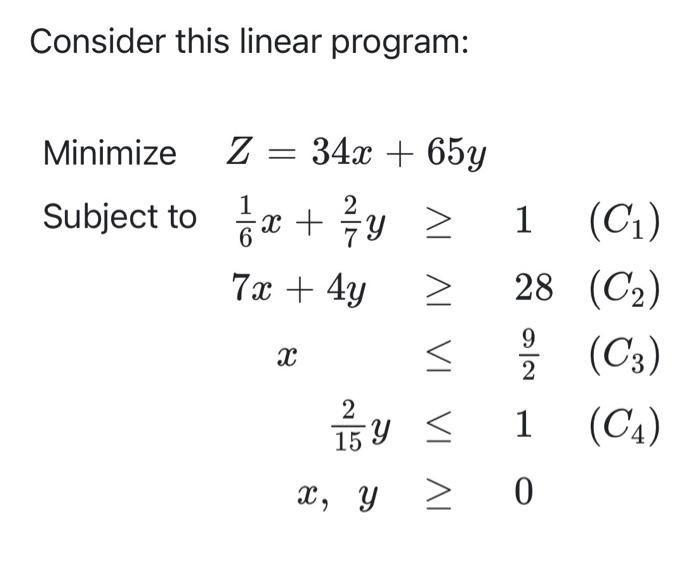 Solved Consider this linear program: Minimize Z=34x+65y | Chegg.com