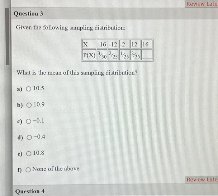 Solved Review Late Question 3 Given the following sampling | Chegg.com
