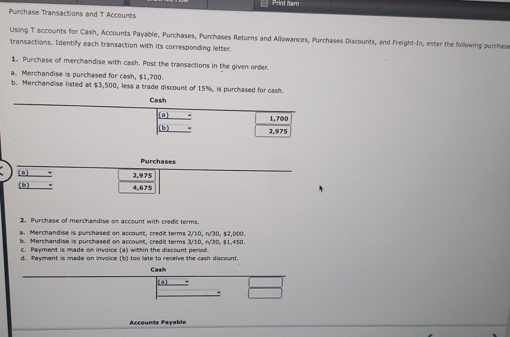 Solved Purchase Transactions and T Accounts Using T accounts Chegg