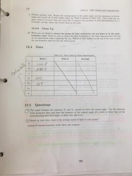 Solved 112 LAB 12. THE PRISM SPECTROMETER 3. Perform another