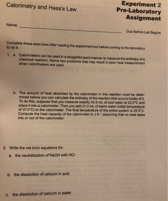 Experiment 2 PreLaboratory Assignment Calorimetry