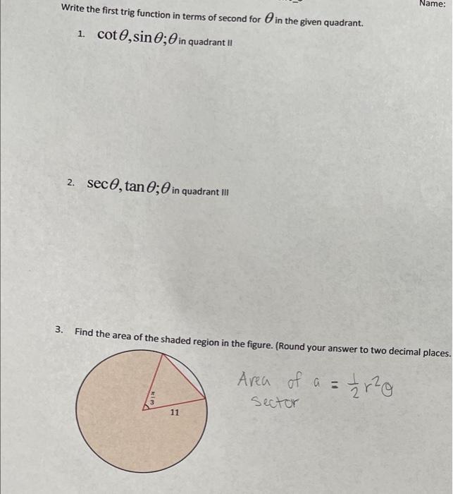 Solved Write the first trig function in terms of second for | Chegg.com