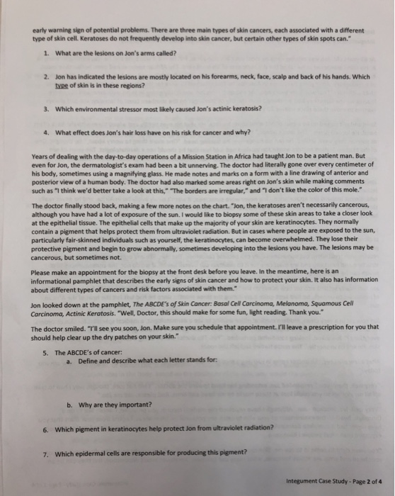 Name: Integumentary System Case Study: Jon's Story | Chegg.com