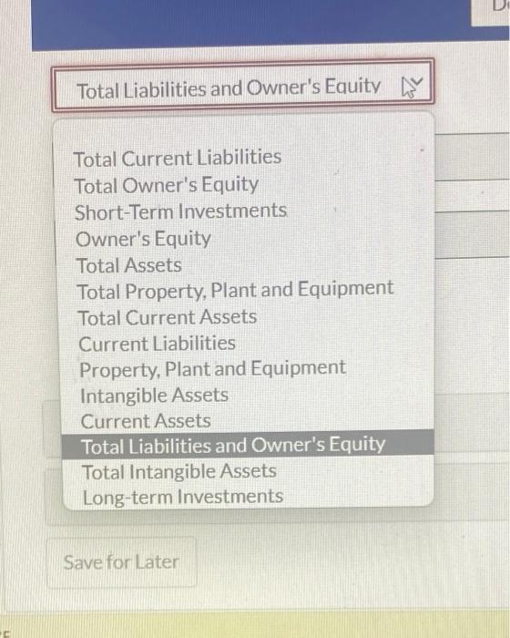 Total Liabilities and Owners Equity
Total Current Liabilities
Total Owners Equity
Short-Term Investments
Owners Equity
Tot