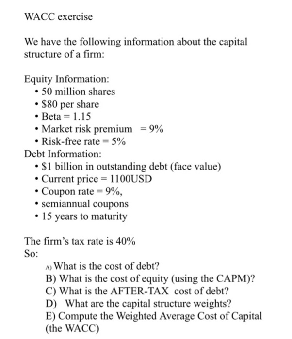 Solved WACC exercise We have the following information about | Chegg.com