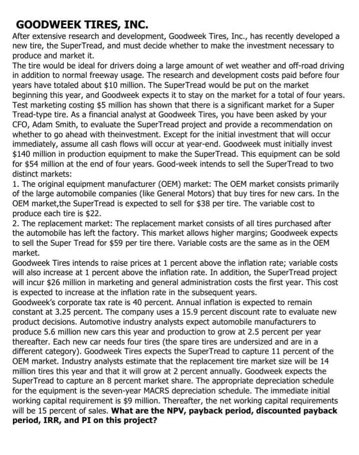 Solved GOODWEEK TIRES, INC. After extensive research and