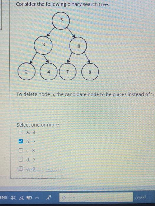 Solved Consider the following binary search tree, 5 3 8 OOOO | Chegg.com