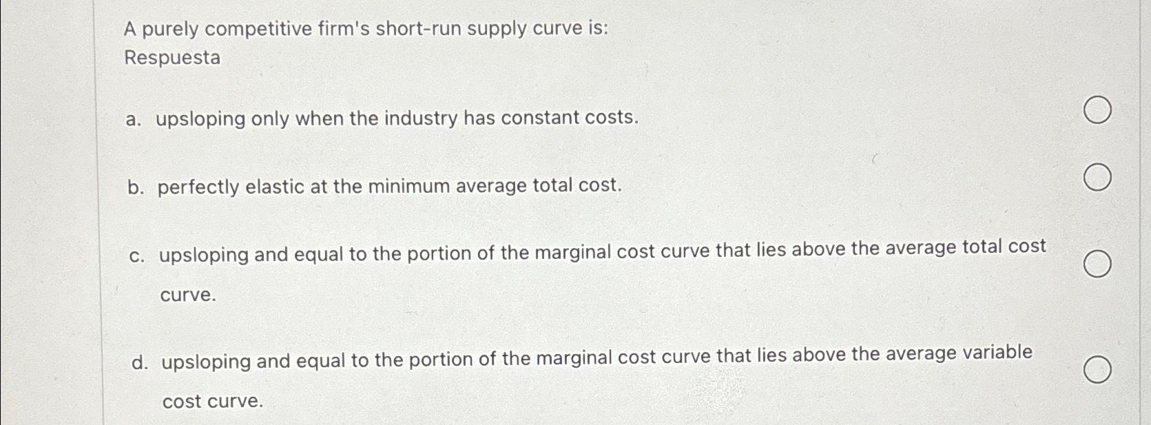 Solved A Purely Competitive Firm s Short run Supply Curve Chegg