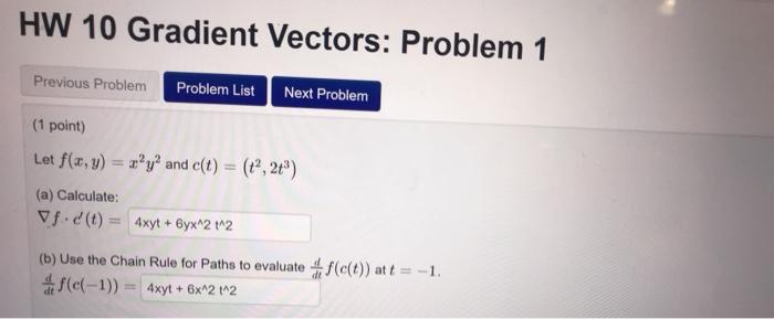 Solved HW 10 Gradient Vectors: Problem 1 Previous Problem | Chegg.com
