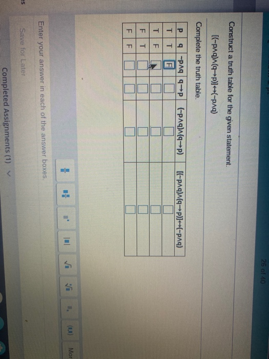 Solved 26 of 40 Construct a truth table for the given | Chegg.com