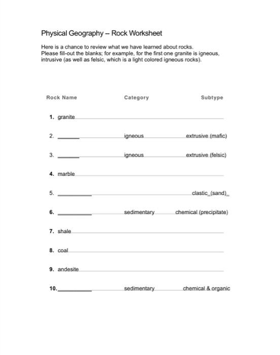 Solved Physical Geography - Rock Worksheet Here is a chance | Chegg.com