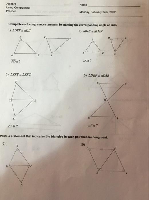 Solved Name Algebra Using Congruence Practice Monday, | Chegg.com