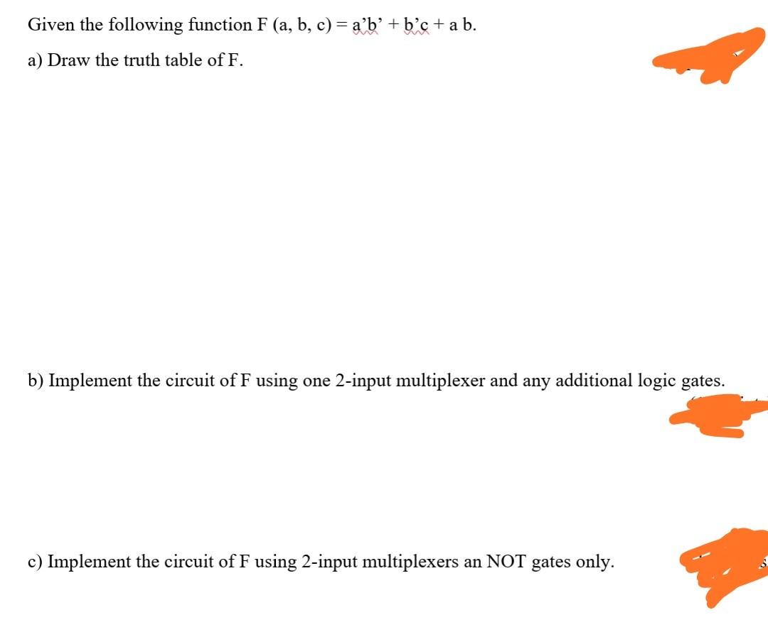 Solved Given The Following Function F (a, B, C) = A'b' + B'c | Chegg.com