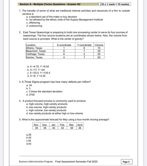 Solved Section A - Multiple Choice Questions - Answer All | Chegg.com