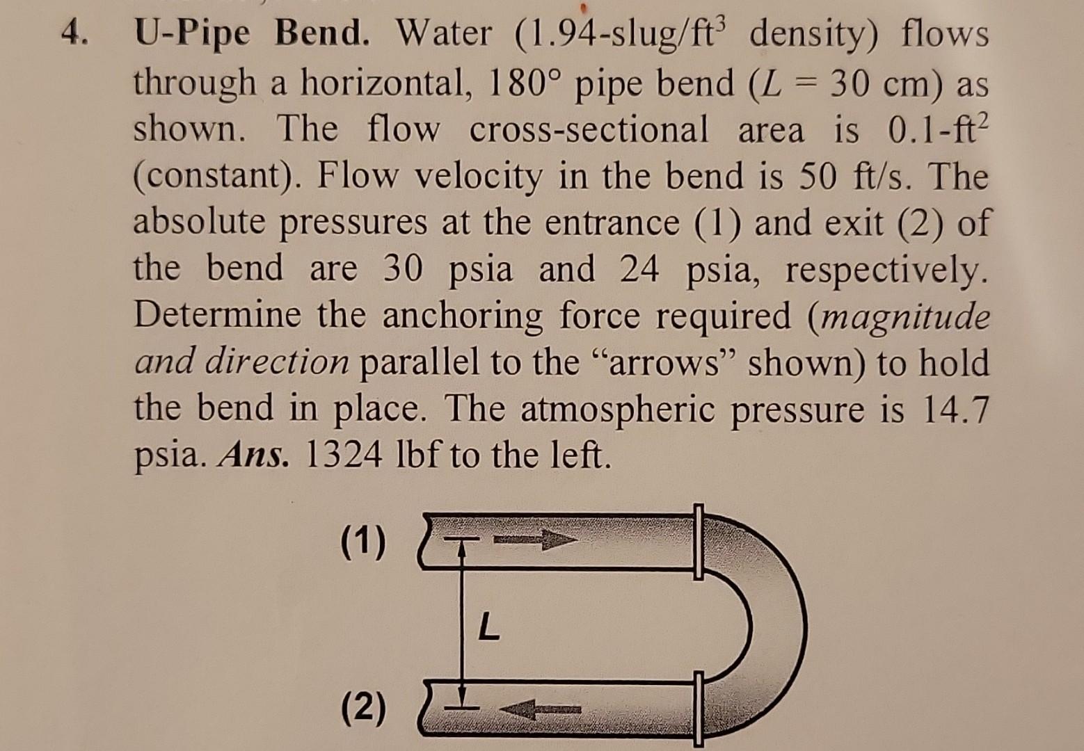 Solved 4. UPipe Bend. Water (1.94slug/ /ft3 density) flows