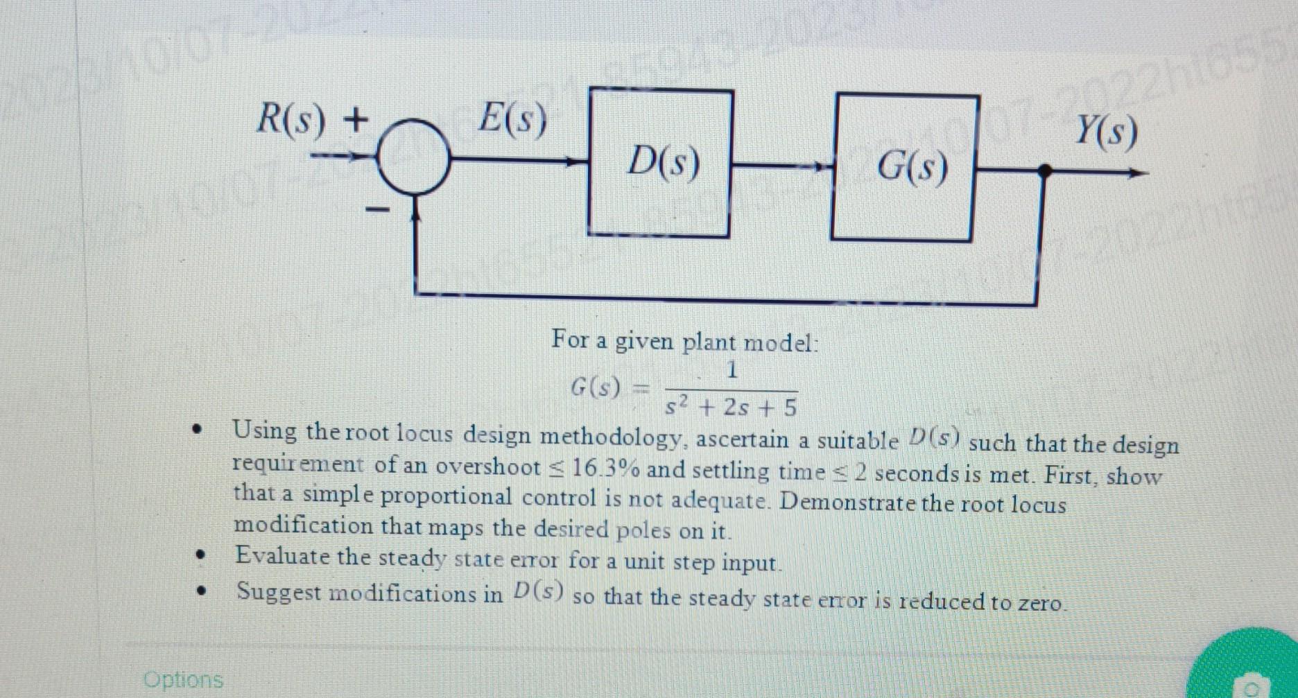 Solved For a given plant model: G(s)=s2+2s+51 - Using the | Chegg.com