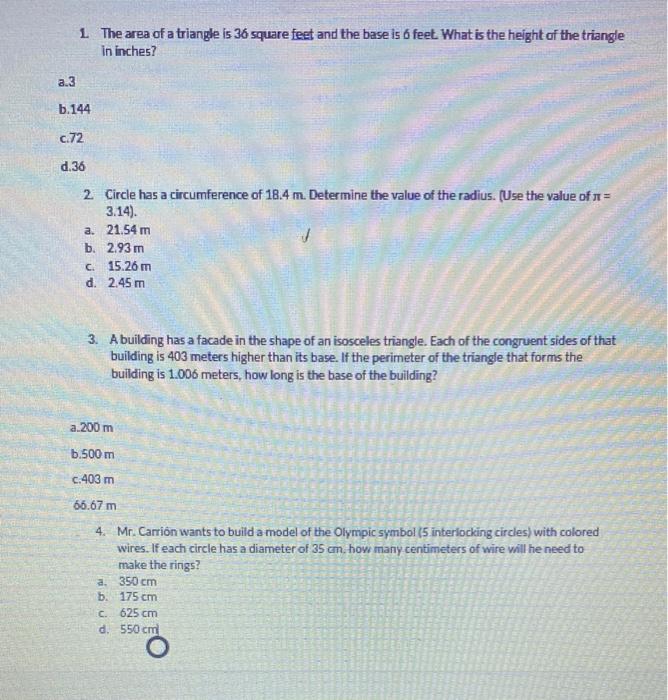 Solved 1 The Area Of A Triangle Is 36 Square Feet And The Chegg Com