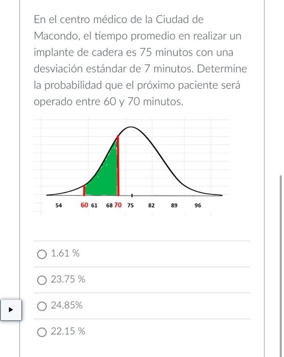 En el centro médico de la Ciudad de Macondo, el tiempo promedio en realizar un implante de cadera es 75 minutos con una desvi