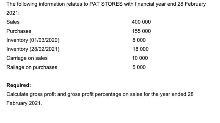 Solved The following information relates to PAT STORES with | Chegg.com