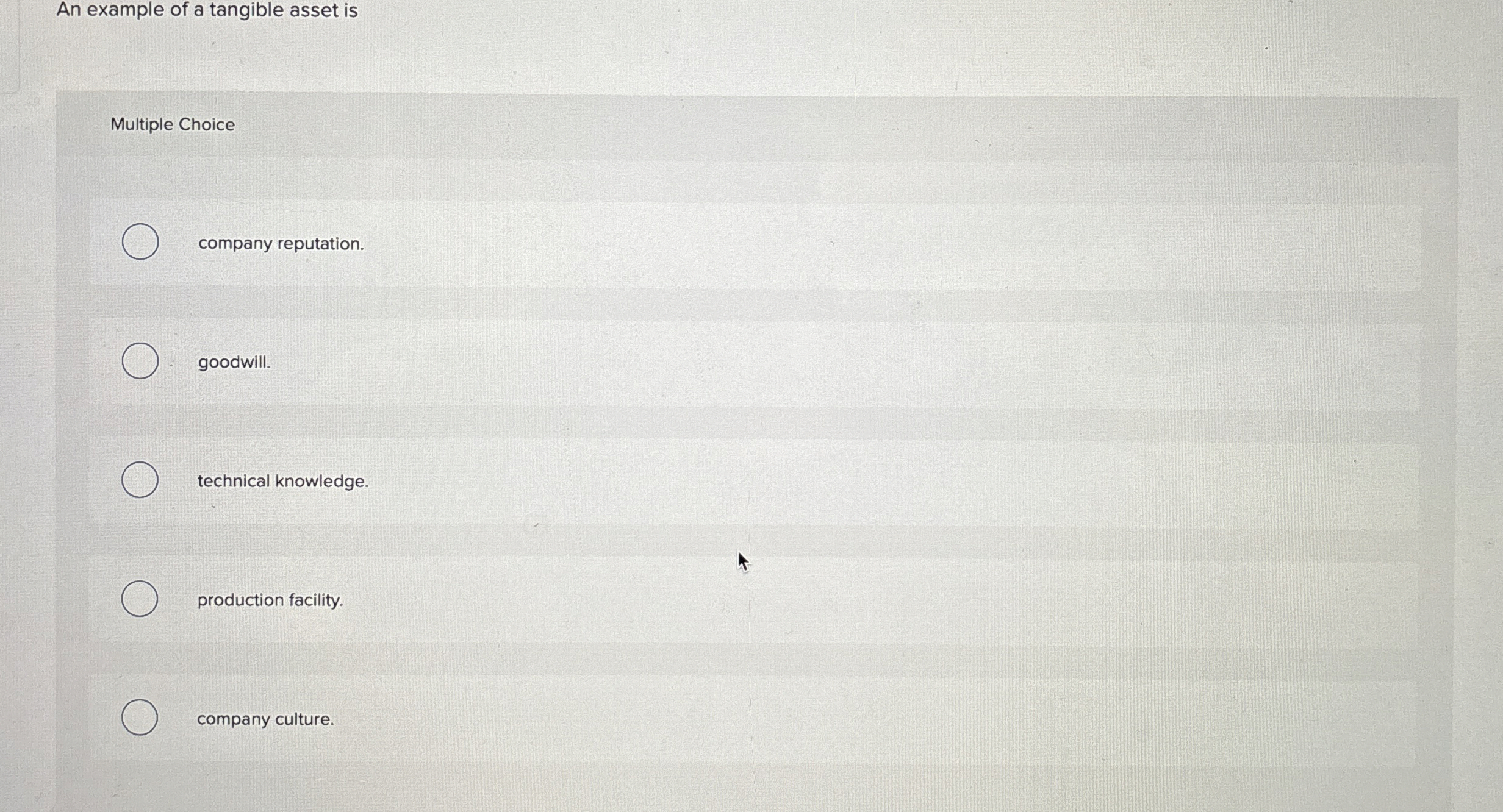 Solved An example of a tangible asset isMultiple