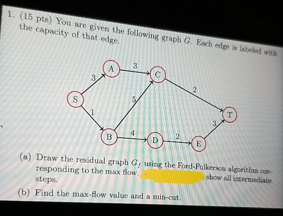 Solved 1. (15 Pts) You Are Given The Following Graph G. Each | Chegg.com