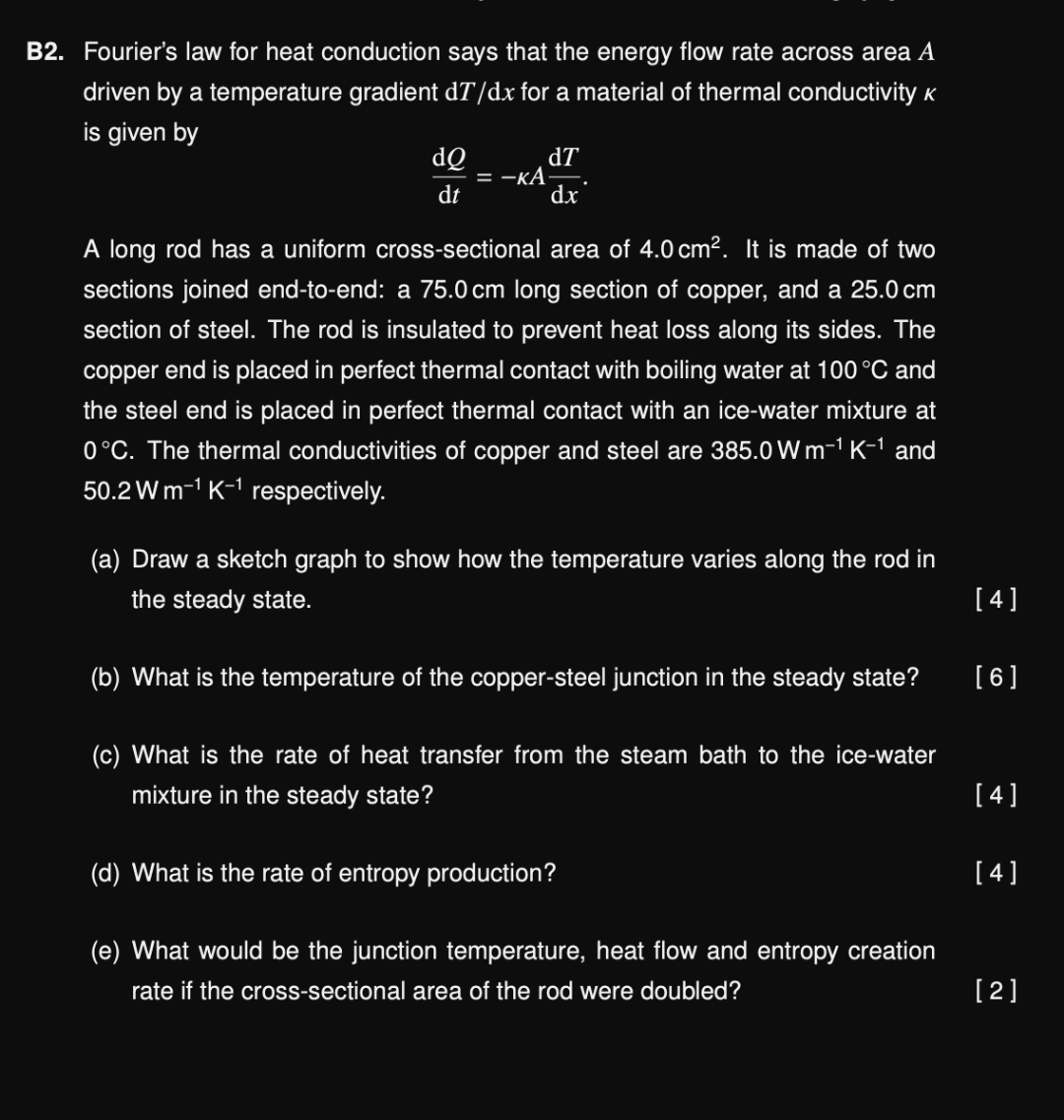 2. Fouriers law for heat conduction says that the energy flow rate across area \( A \) driven by a temperature gradient \( \