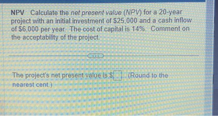 Solved NPV Calculate the net present value (NPV) for a 20 | Chegg.com