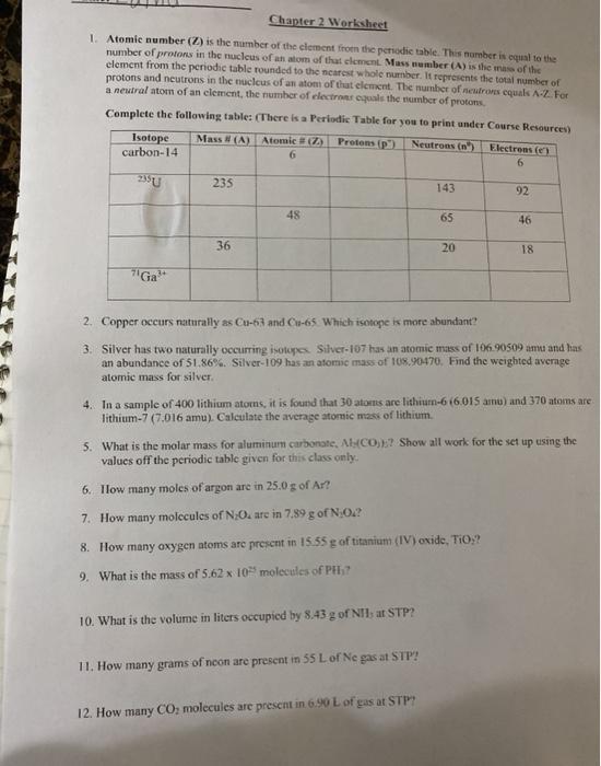 Solved Chapter 2 Worksheet 1. Atomic Number (z) Is The 