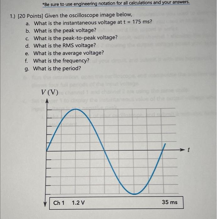 Solved 1.) [20 Points] Given the oscilloscope image below, | Chegg.com