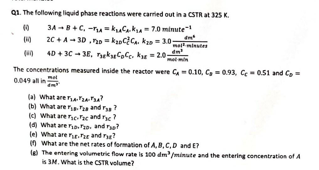 Solved Q1. The following liquid phase reactions were carried | Chegg.com