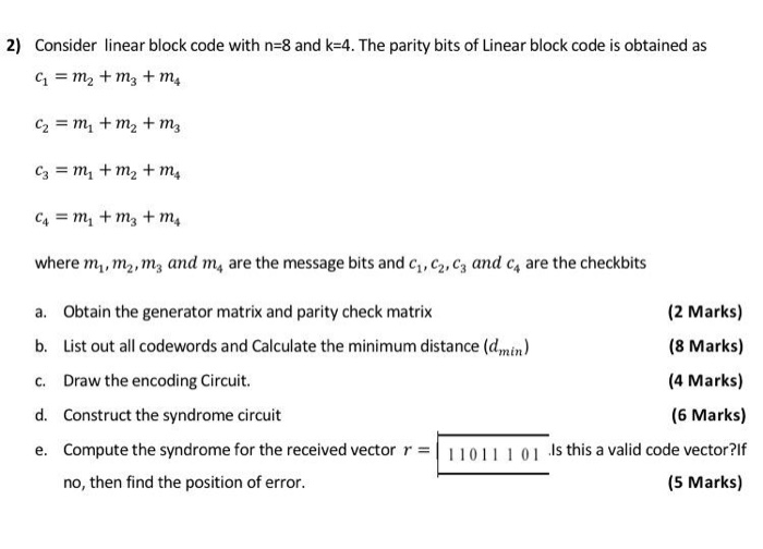 Solved 2) Consider linear block code with n=8 and k=4. The | Chegg.com