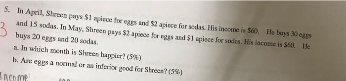 Solved 5. In April, Shreen pays $1 apiece for eggs and $2 | Chegg.com