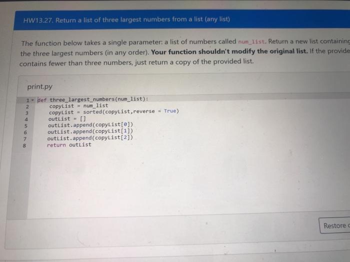 Solved hw13 27 return a list of three largest numbers from chegg