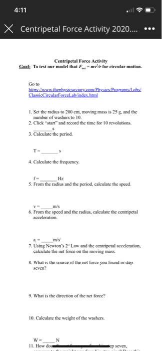Solved 4:11 SO X Centripetal Force Activity 2020.... ... | Chegg.com