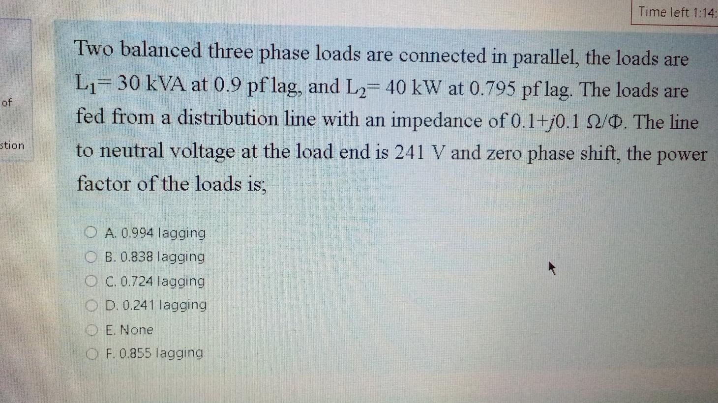 Solved Time left 1:14 Two balanced three phase loads are | Chegg.com