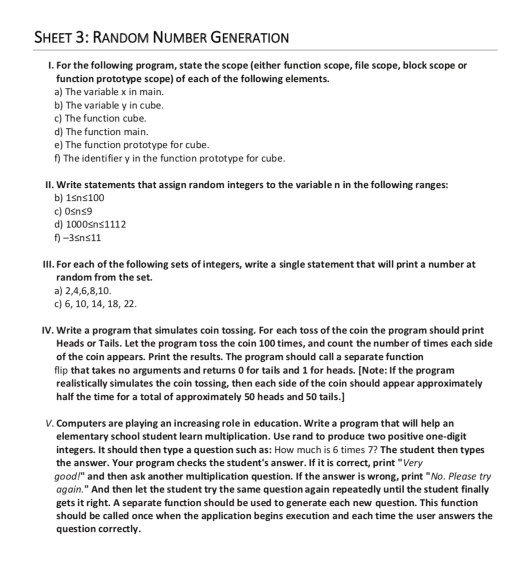 Solved SHEET 3: RANDOM NUMBER GENERATION 1. For the | Chegg.com