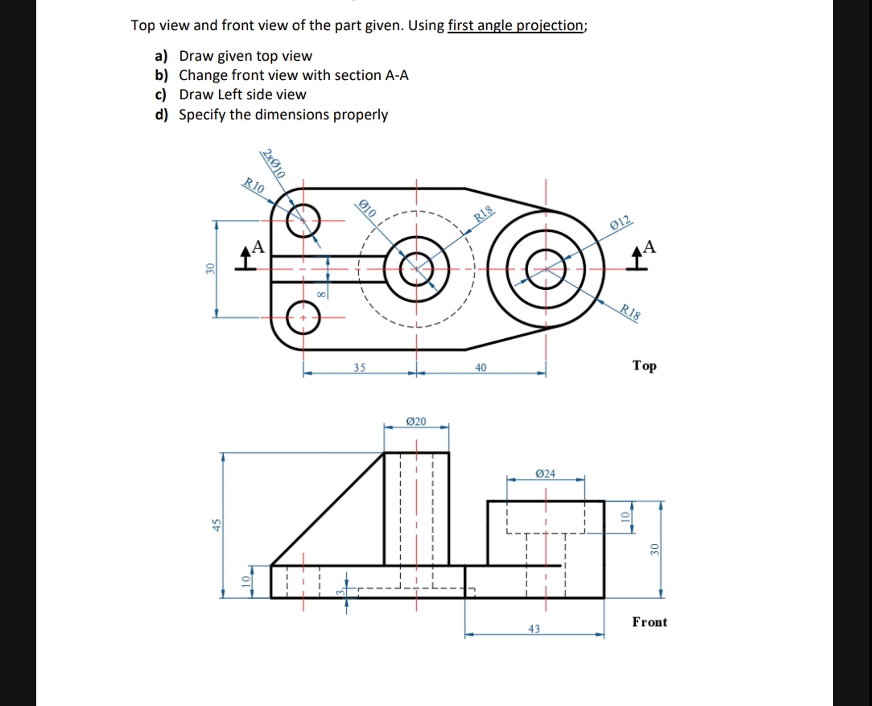 Solved Top view and front view of the part given. Using | Chegg.com